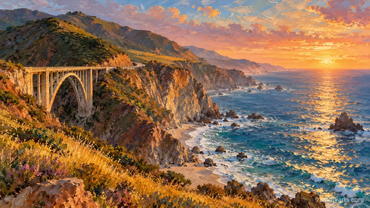 Big Sur cliffs and a coastal highway bridge at sunset – impressionist oil painting Samsung Frame TV art, 4K