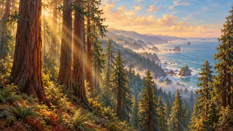 Redwood giants with light shafts through the canopy – tonal oil painting Frame TV art