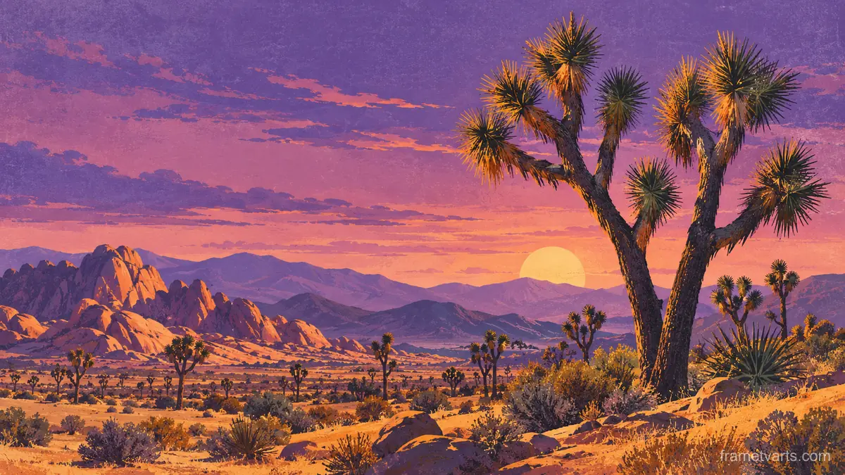 Joshua trees under a violet evening sky – vintage travel poster illustration Samsung Frame TV art, 4K