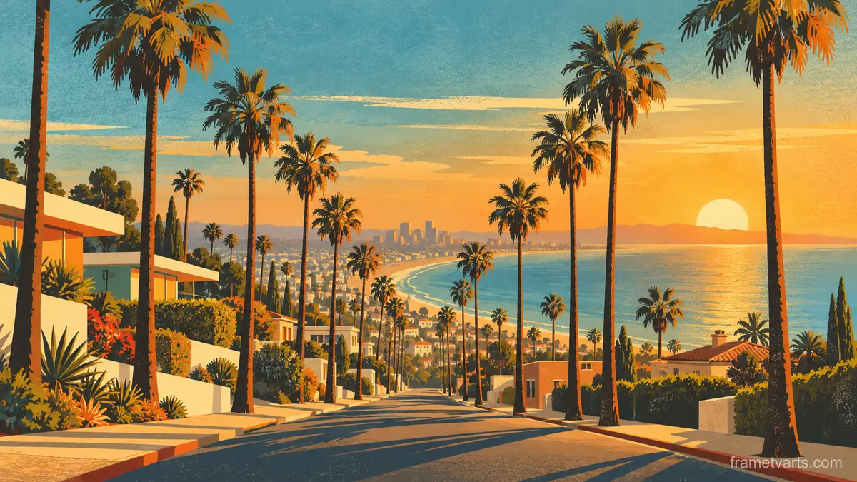 Palm-lined boulevard at golden hour in Los Angeles – retro mid-century illustration Samsung Frame TV art, 4K