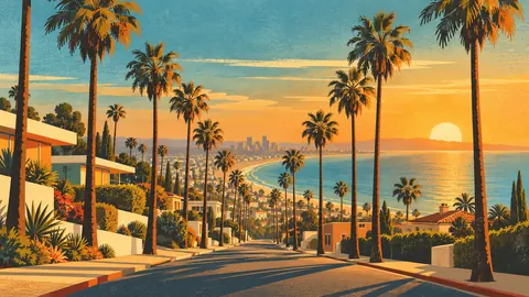 Palm-lined boulevard at golden hour in Los Angeles – retro mid-century illustration Frame TV art