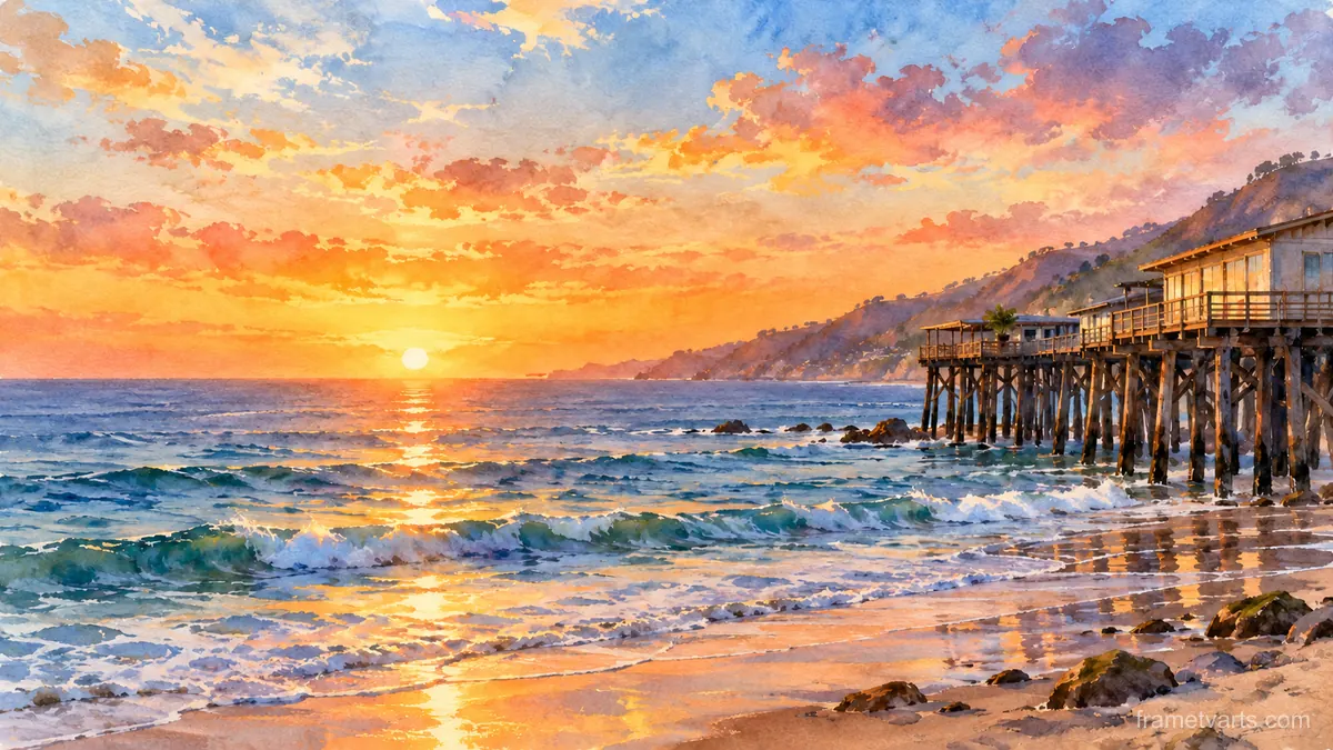 Wooden pier on stilts at sunset in Malibu – loose watercolor Samsung Frame TV art, 4K