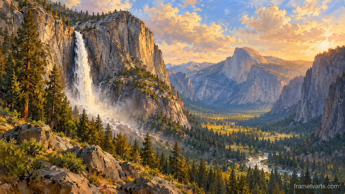 Granite valley walls and a waterfall in Yosemite – atmospheric oil painting Samsung Frame TV art, 4K