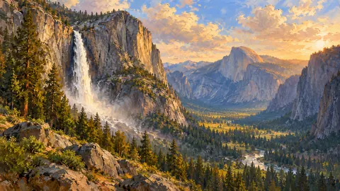 Granite valley walls and a waterfall in Yosemite – atmospheric oil painting Frame TV art