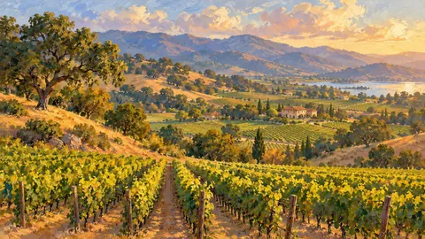 Napa vineyard rows below oak-dotted hills – impressionist oil painting Frame TV art