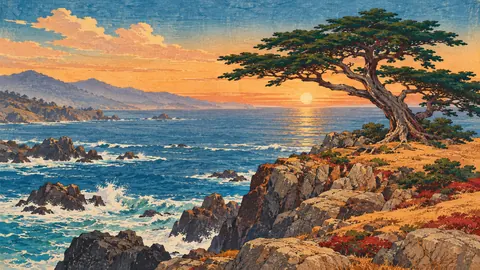Monterey cypress on a rocky point – japanese-inspired woodblock print Frame TV art