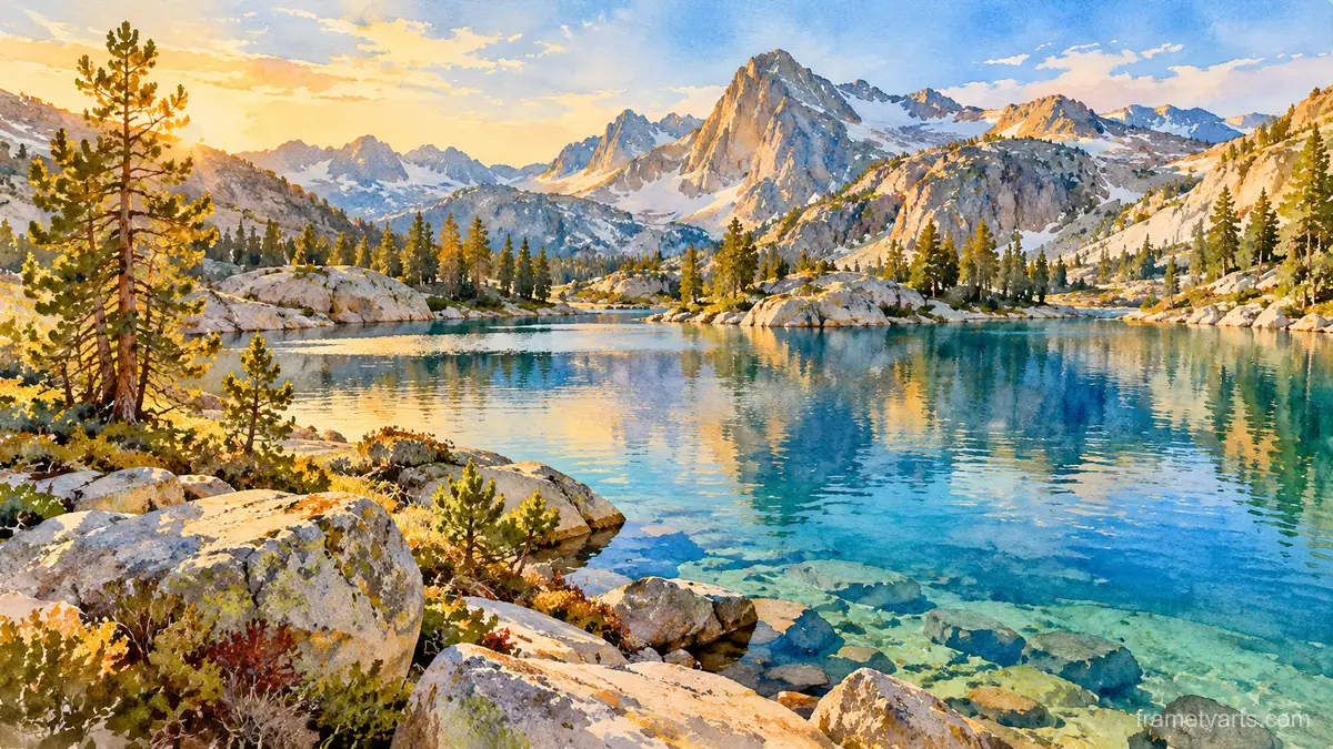 Alpine lake with clear water and granite boulders in the Sierra – loose watercolor Samsung Frame TV art, 4K