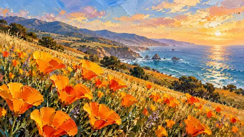 California poppy hillside in spring – expressive palette-knife painting Frame TV art