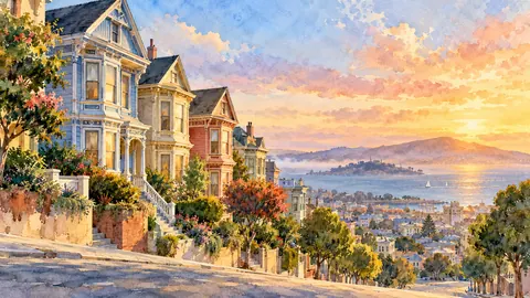 Victorian row houses on a steep San Francisco street – loose watercolor Frame TV art