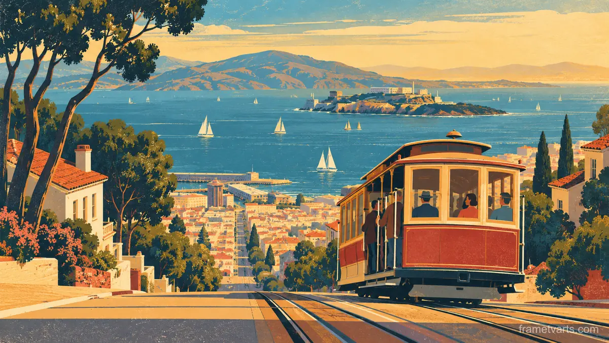 Cable car climbing a hill above the bay – retro mid-century illustration Samsung Frame TV art, 4K