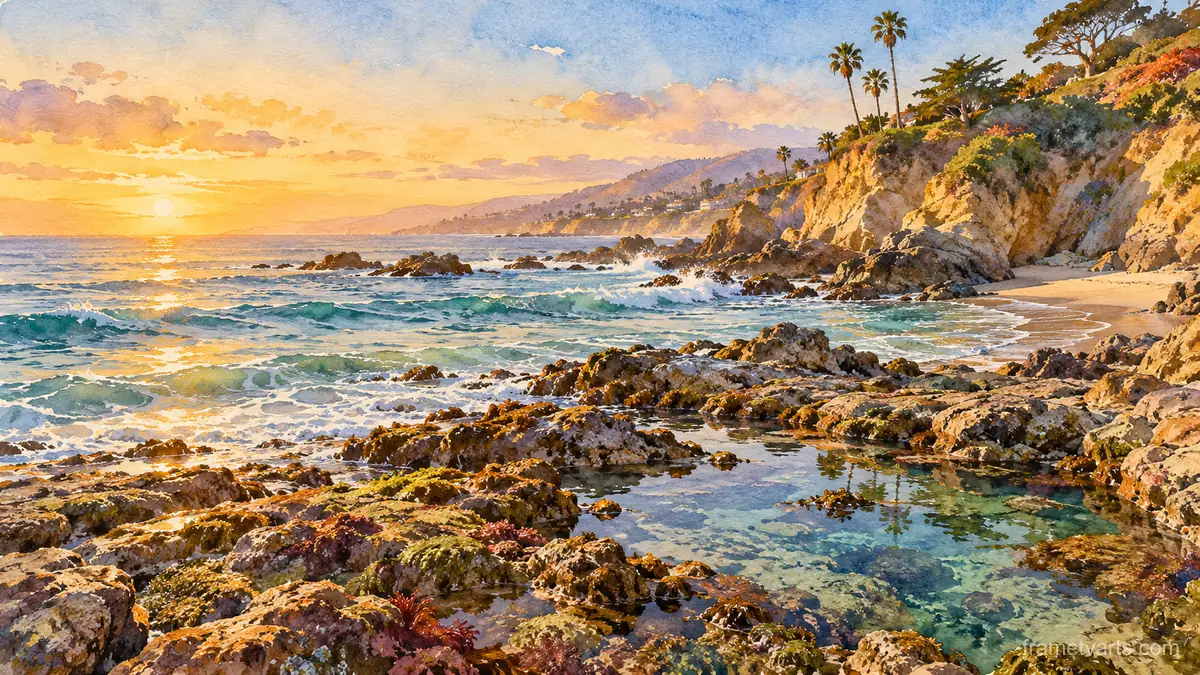 Laguna Beach coves and tide pools – elegant watercolor Samsung Frame TV art, 4K