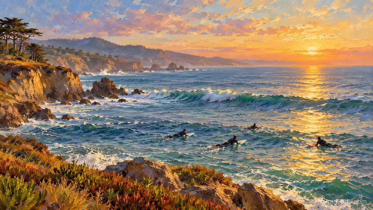 Surfers paddling out at dawn off a California point – impressionist oil painting Samsung Frame TV art, 4K
