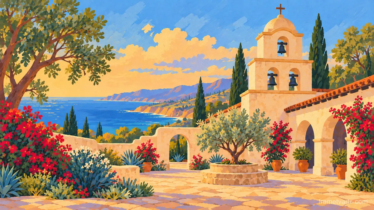 Mission bell tower in an adobe courtyard – decorative folk gouache Samsung Frame TV art, 4K