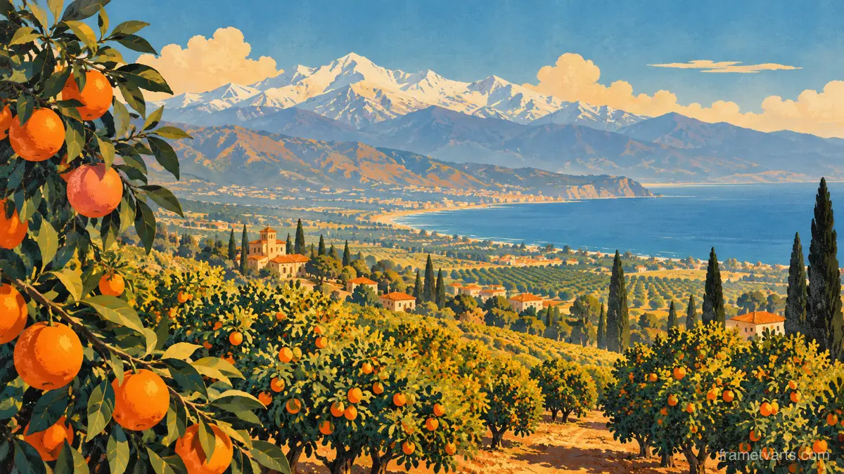 Orange grove with snowy mountains behind – vintage travel poster illustration Samsung Frame TV art, 4K