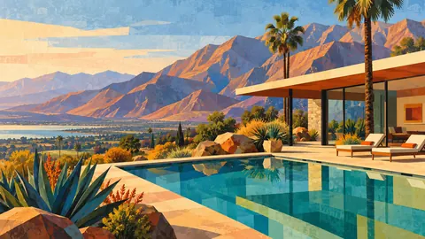 Mid-century house with a pool below bare California mountains – jewel-tone geometric modernism Frame TV art