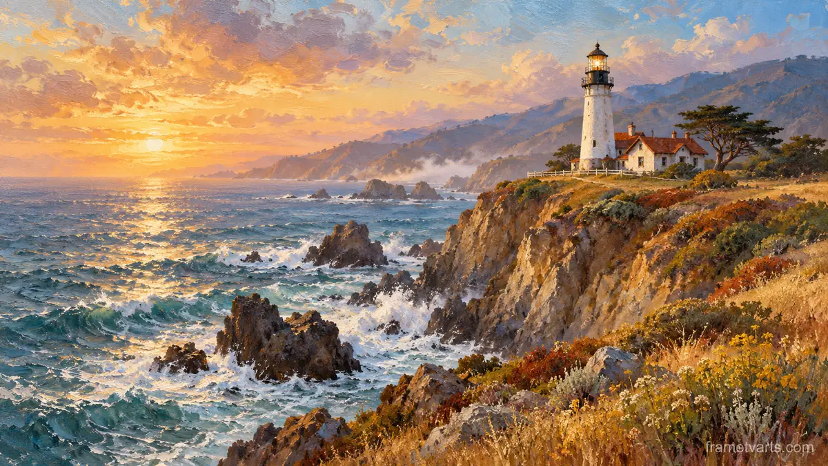 Lighthouse on a windswept California headland – atmospheric oil painting Samsung Frame TV art, 4K