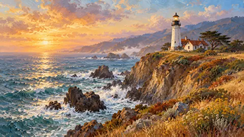 Lighthouse on a windswept California headland – atmospheric oil painting Frame TV art