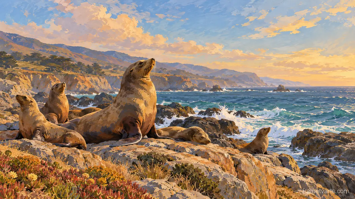 Sea lions on a rocky California shore – naturalist gouache Samsung Frame TV art, 4K