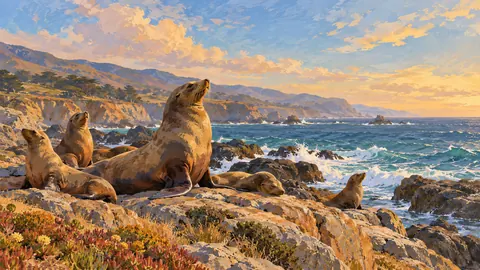 Sea lions on a rocky California shore – naturalist gouache Frame TV art
