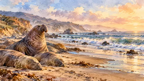 Elephant seals on a California beach – loose watercolor Frame TV art