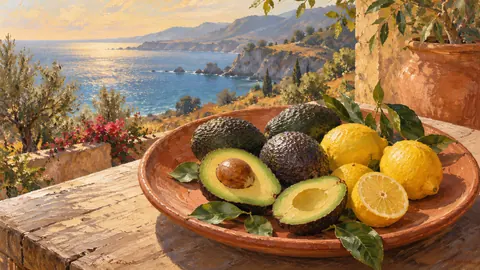 Avocados and lemons on a terracotta plate – tonal oil painting Frame TV art