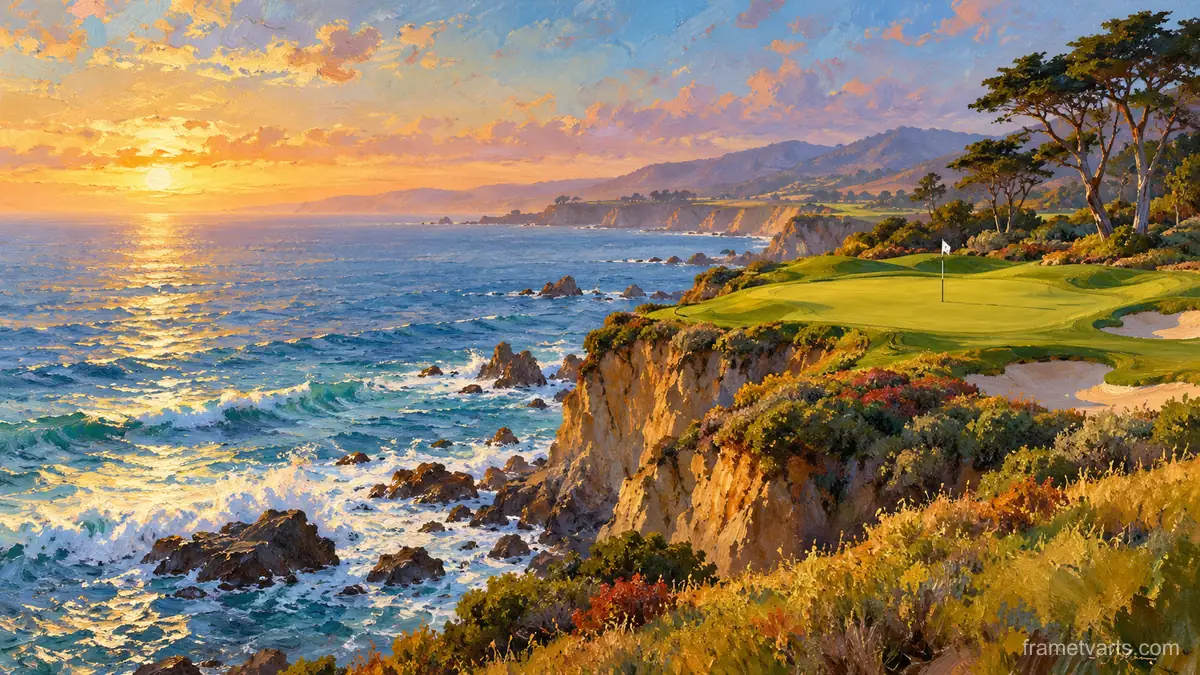 Oceanside golf hole on California cliffs – impressionist oil painting Samsung Frame TV art, 4K