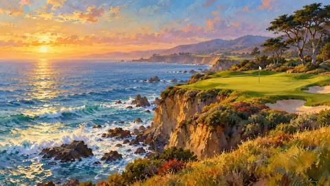 Oceanside golf hole on California cliffs – impressionist oil painting Frame TV art