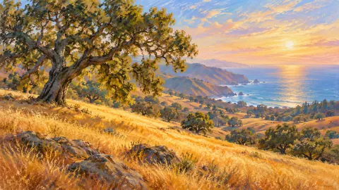California oak savanna in summer gold – soft pastel drawing Frame TV art