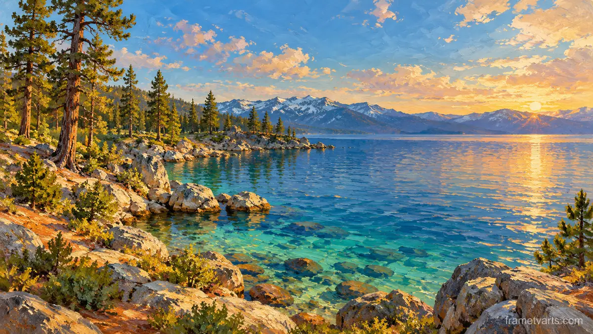 Lake Tahoe shoreline with pines and clear water – impressionist oil painting Samsung Frame TV art, 4K