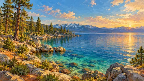 Lake Tahoe shoreline with pines and clear water – impressionist oil painting Frame TV art