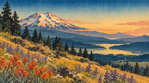 Mount Shasta above wildflower fields – japanese-inspired woodblock print Frame TV art