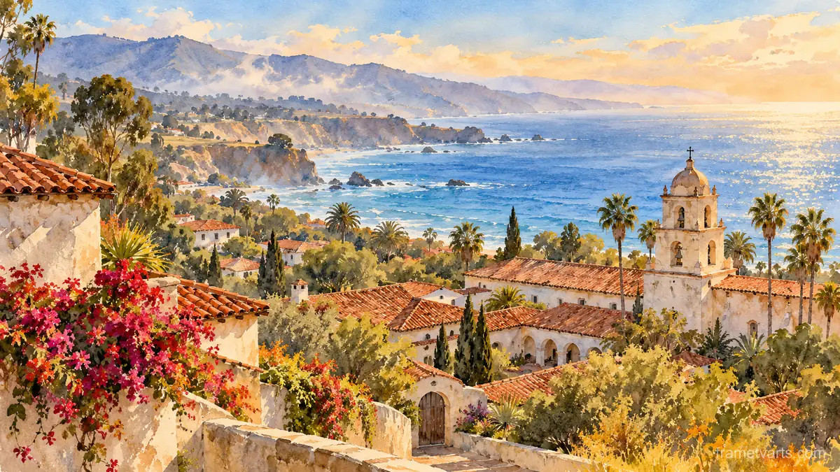 Red-tile rooftops of a California mission town above the sea – elegant watercolor Samsung Frame TV art, 4K