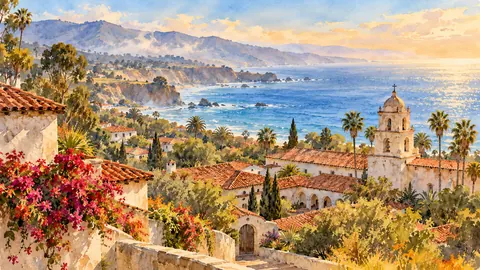 Red-tile rooftops of a California mission town above the sea – elegant watercolor Frame TV art