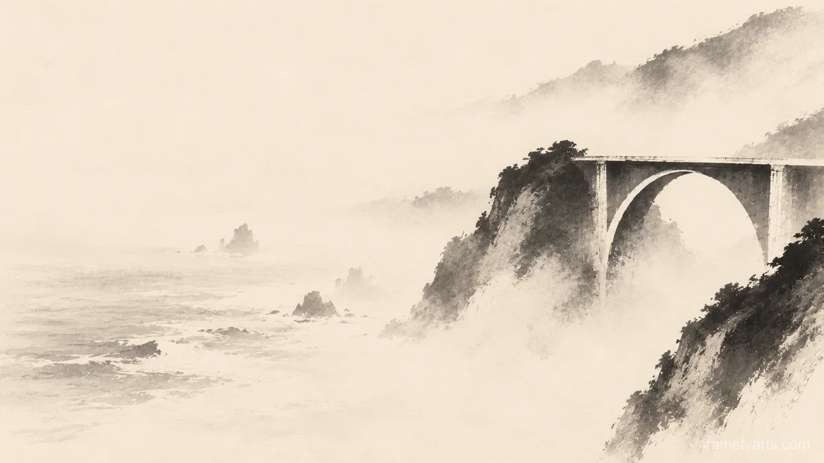 Concrete arch bridge in California coastal fog – monochrome minimalist abstraction Samsung Frame TV art, 4K