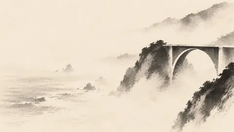 Concrete arch bridge in California coastal fog – monochrome minimalist abstraction Frame TV art