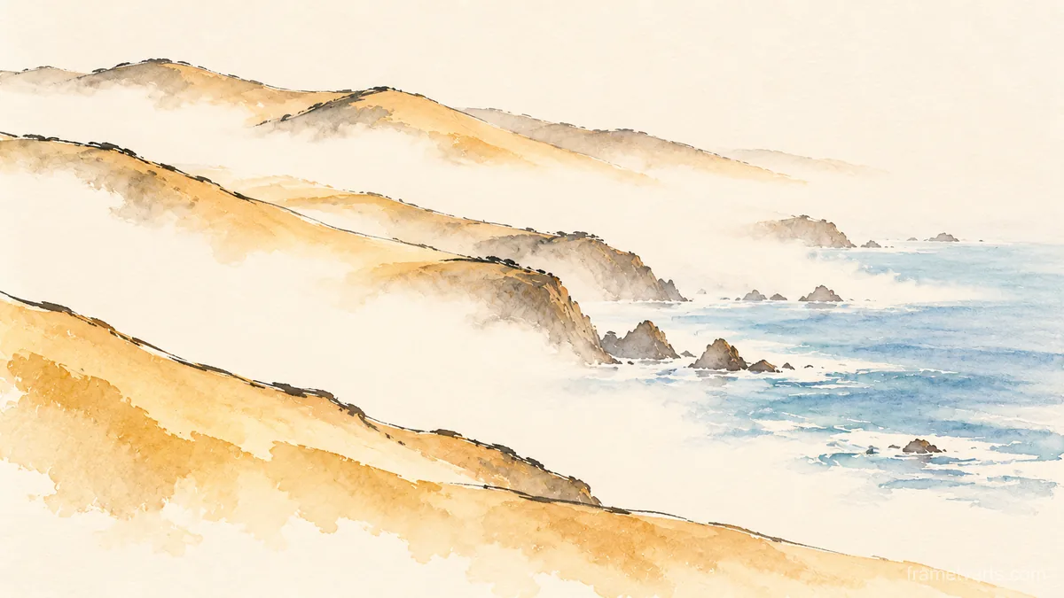 Coastal fog rolling over golden hills – minimal ink and wash Samsung Frame TV art, 4K