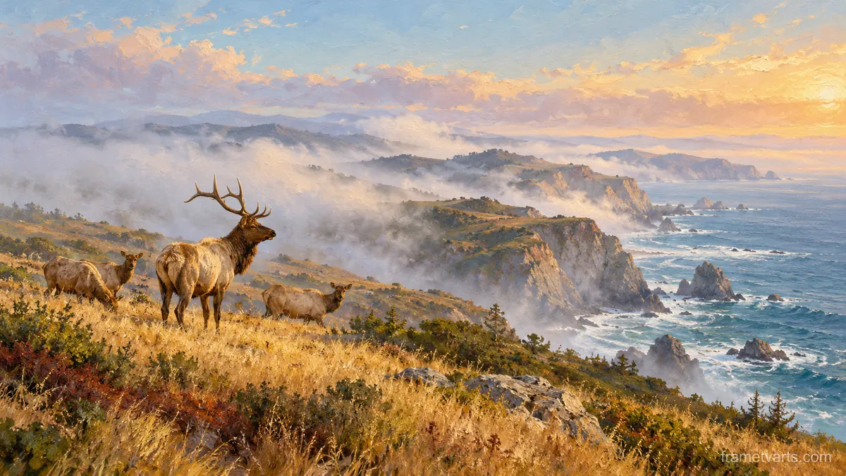 Point Reyes tule elk on a misty headland – atmospheric oil painting Samsung Frame TV art, 4K
