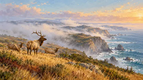 Point Reyes tule elk on a misty headland – atmospheric oil painting Frame TV art
