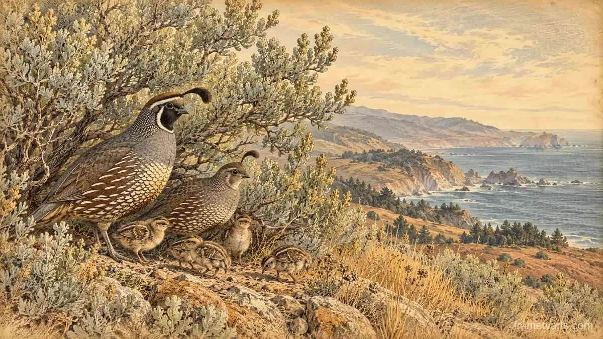 California quail family under sagebrush – vintage plate engraving Samsung Frame TV art, 4K