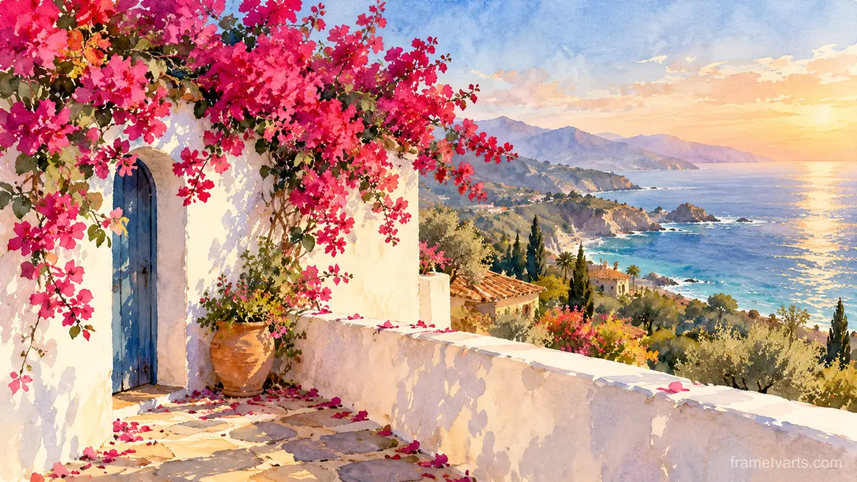 Bougainvillea over a white stucco wall – loose watercolor Samsung Frame TV art, 4K