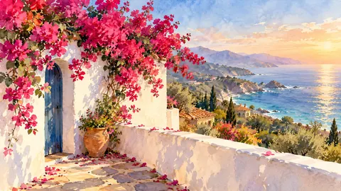 Bougainvillea over a white stucco wall – loose watercolor Frame TV art