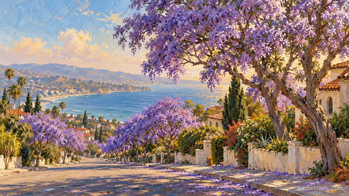 Jacaranda trees in purple bloom along a street – impressionist oil painting Samsung Frame TV art, 4K