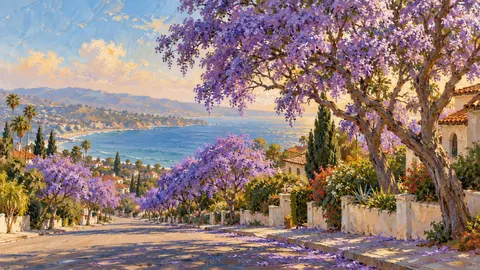 Jacaranda trees in purple bloom along a street – impressionist oil painting Frame TV art