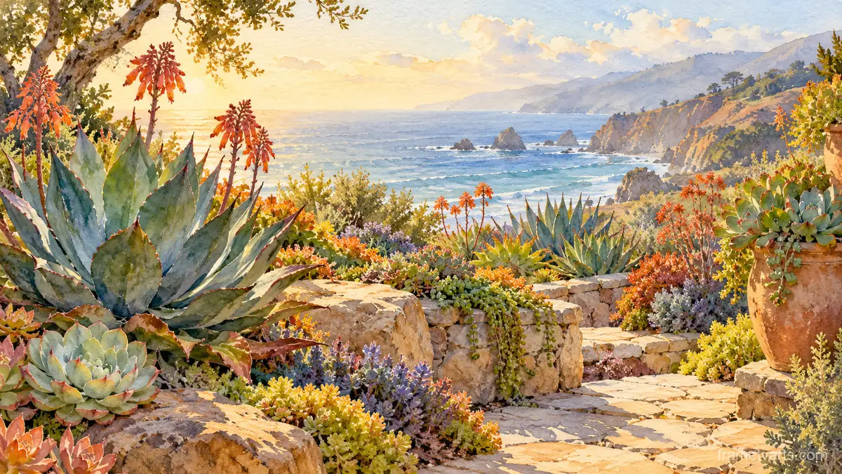 Succulent garden in soft morning light – botanical watercolor Samsung Frame TV art, 4K