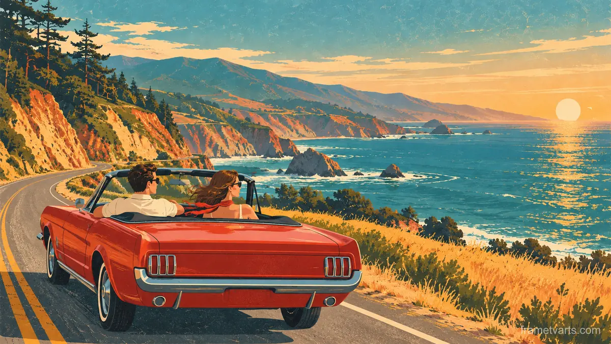 Retro California road trip in a convertible – retro mid-century illustration Samsung Frame TV art, 4K