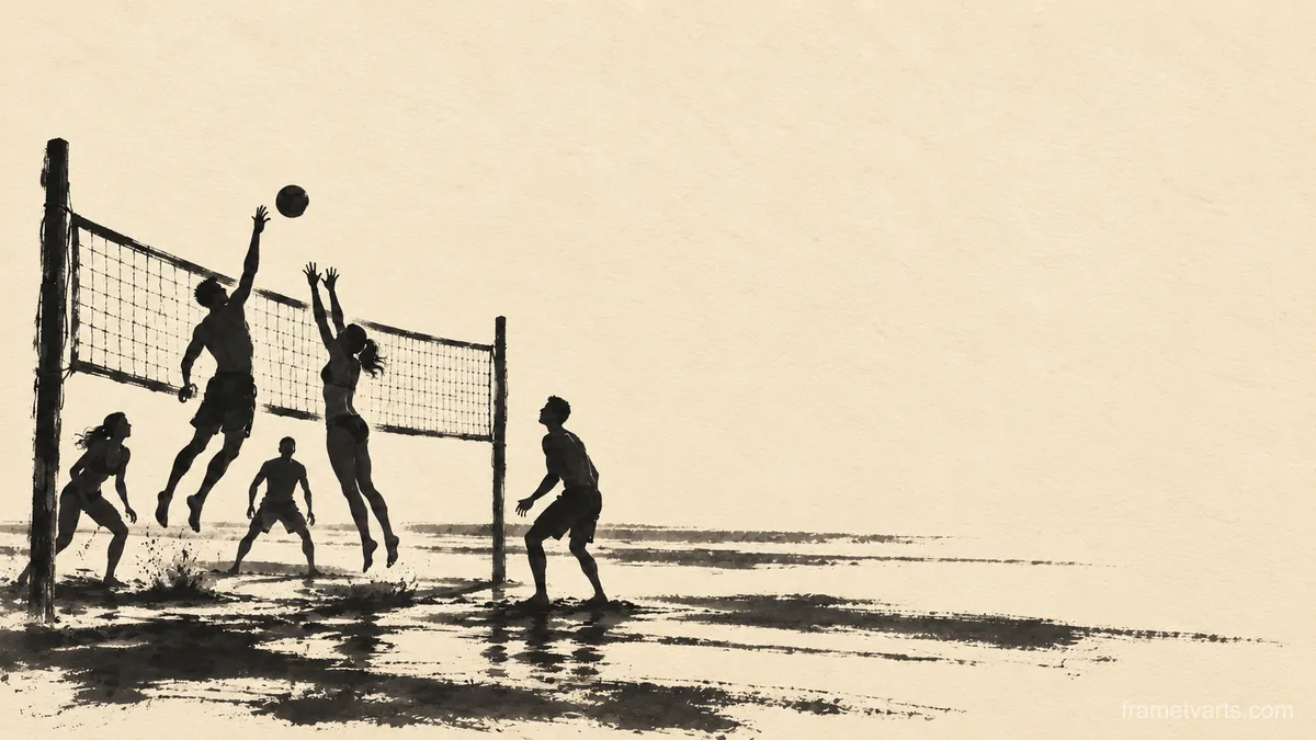 Beach volleyball at sunset, figures in silhouette – monochrome minimalist abstraction Samsung Frame TV art, 4K