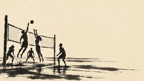 Beach volleyball at sunset, figures in silhouette – monochrome minimalist abstraction Frame TV art
