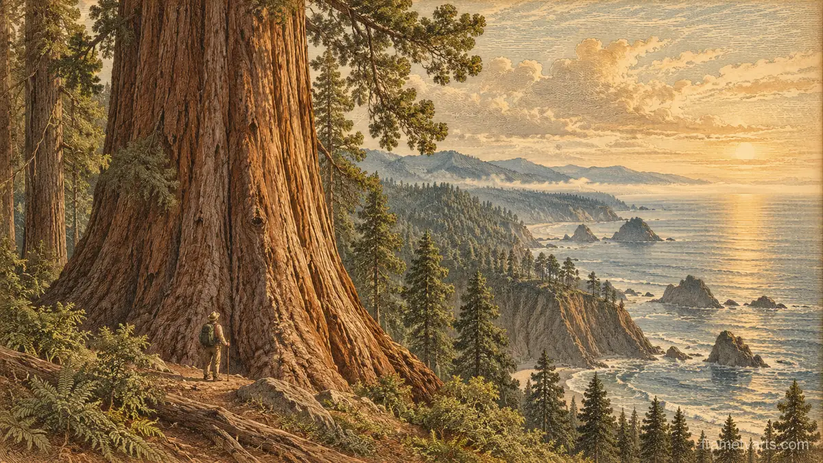 Sequoia trunk with a tiny hiker for scale – vintage plate engraving Samsung Frame TV art, 4K