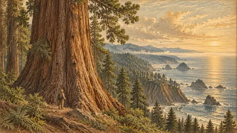Sequoia trunk with a tiny hiker for scale – vintage plate engraving Frame TV art