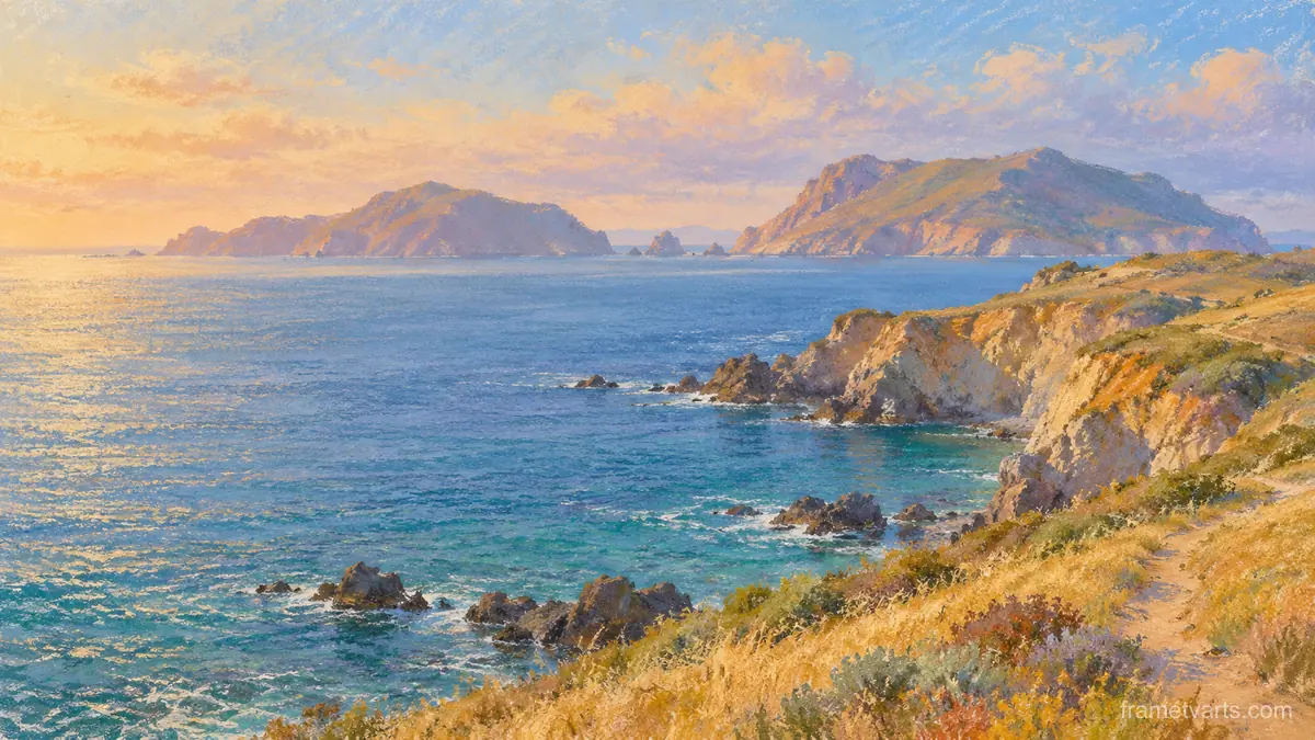 Channel Islands across a calm blue sea – muted pastel organic abstraction Samsung Frame TV art, 4K